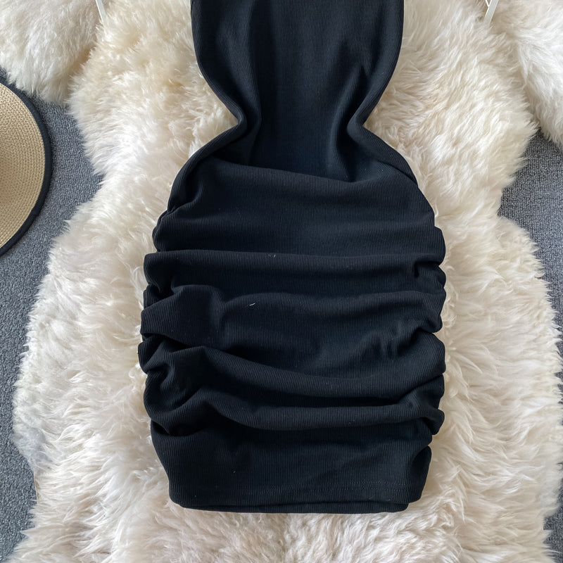 Jupe-robe élastique slim sexy à bretelles unie 2957