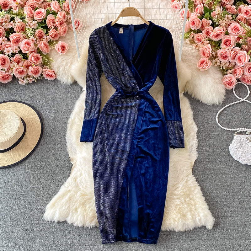 Robe portefeuille en velours à chaud, jupe longue, fermeture à la taille, coupe slim, 3235