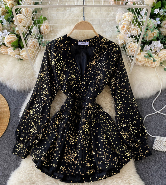 Stylish v neck short dress with stars  1313