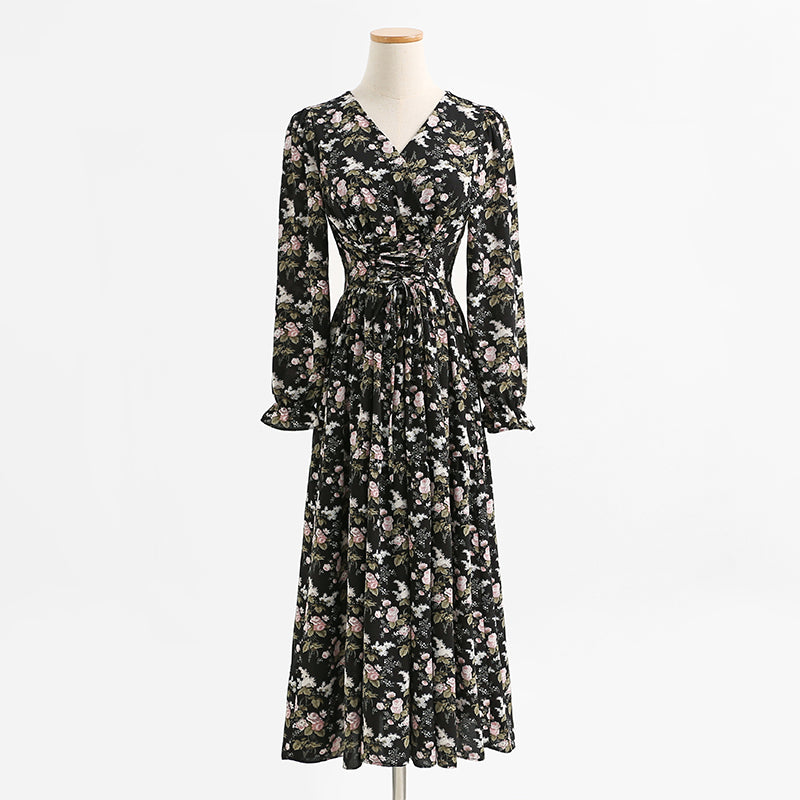 Women's floral dress thin chiffon skirt bandage gentle wind tea break skirt  2179