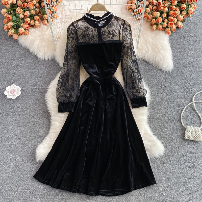 Slim waist, super fairy Hepburn style, large swing long skirt  3095