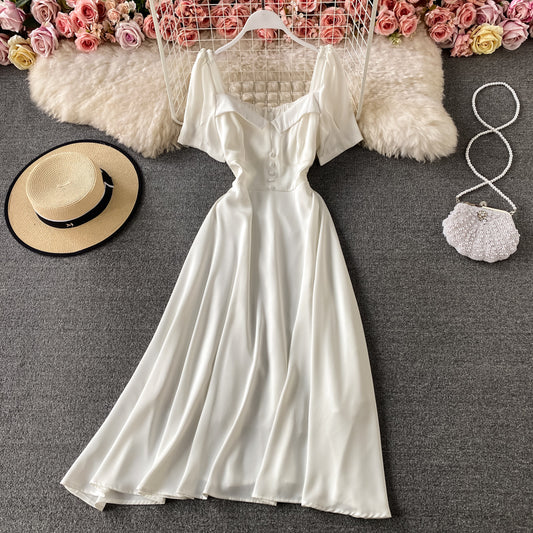 French waist closing slim bubble sleeve square neck dress  3168