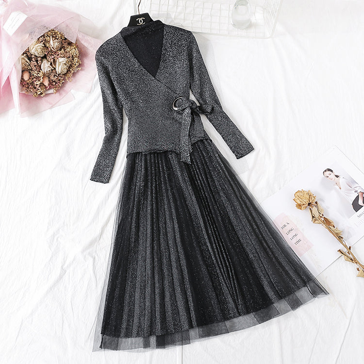 New long sleeve top pleated yarn skirt  2356