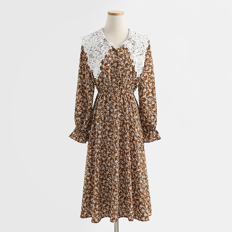New doll neck Korean long sleeve Floral Dress  2439