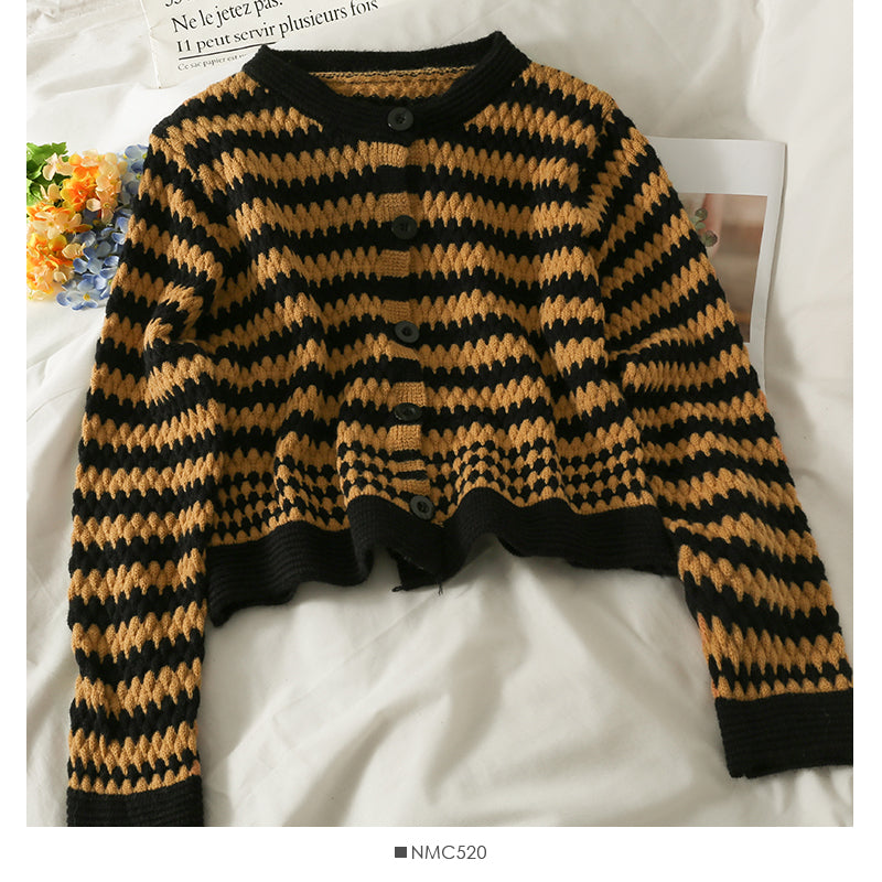 Nouveau cardigan à boutonnage simple à rayures contrastées de couleur pour femme 2046