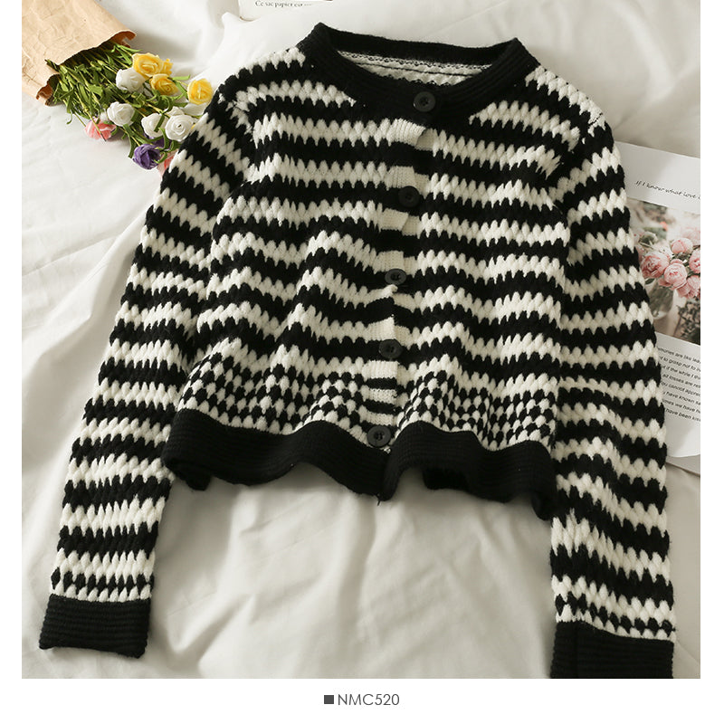 Nouveau cardigan à boutonnage simple à rayures contrastées de couleur pour femme 2046