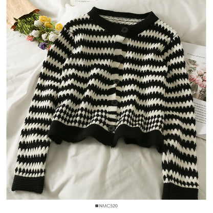 Nouveau cardigan à boutonnage simple à rayures contrastées de couleur pour femme 2046