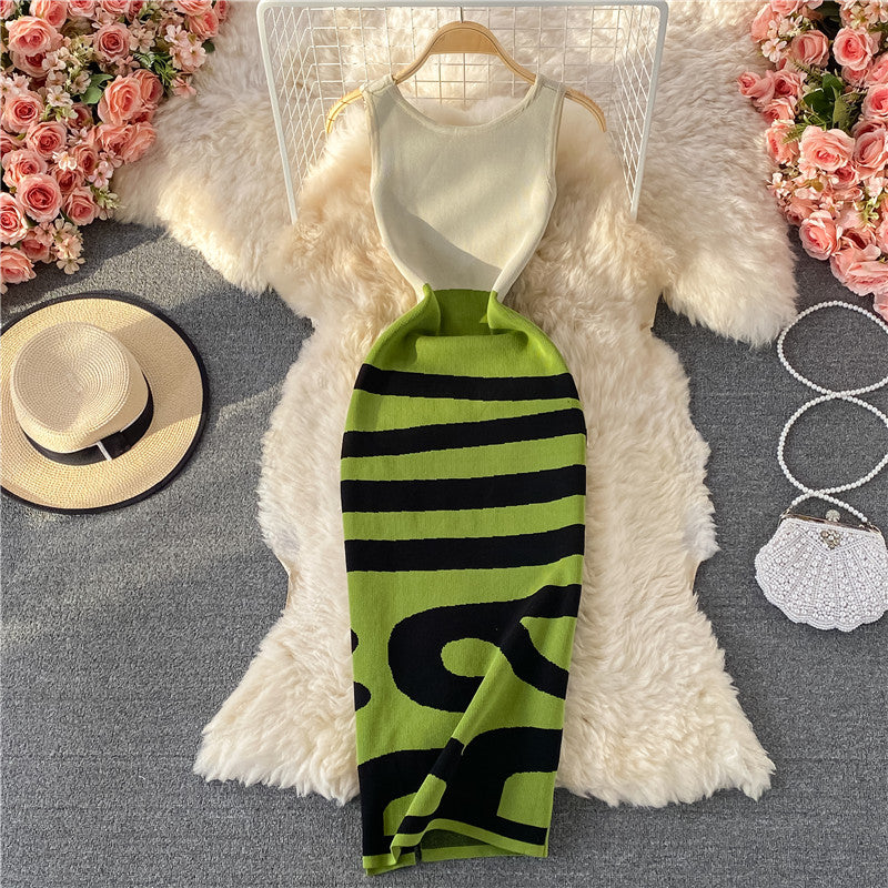 Sweet knit bag hip split dress sleeveless  2751