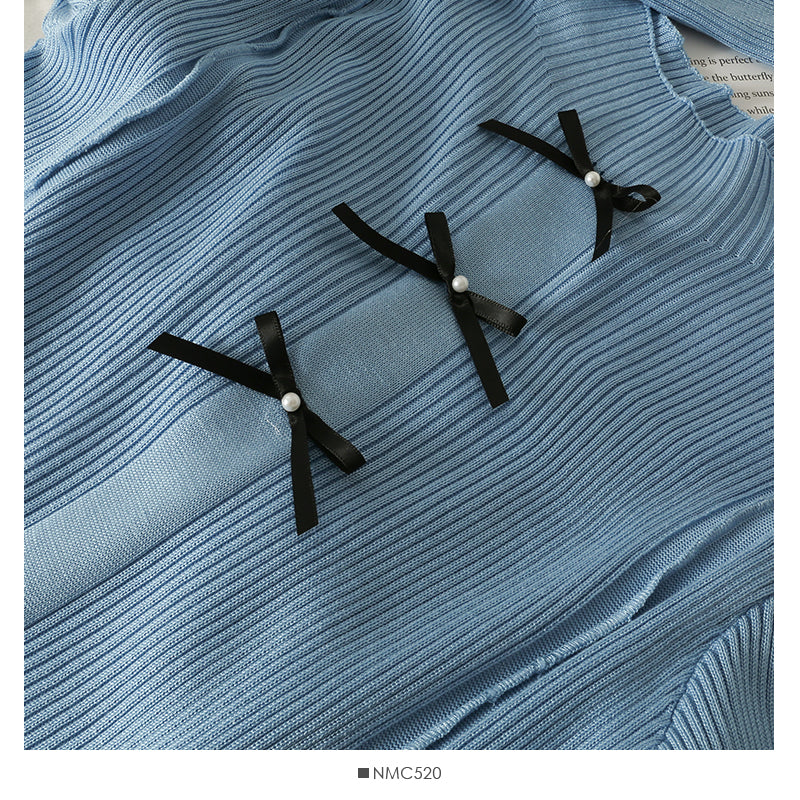 Pull col montant à perles décoratives avec nœud coréen pour femme 2053