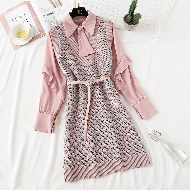 Knitted dress female autumn winter shirt vest skirt sweater skirt net red suit skirt  2351