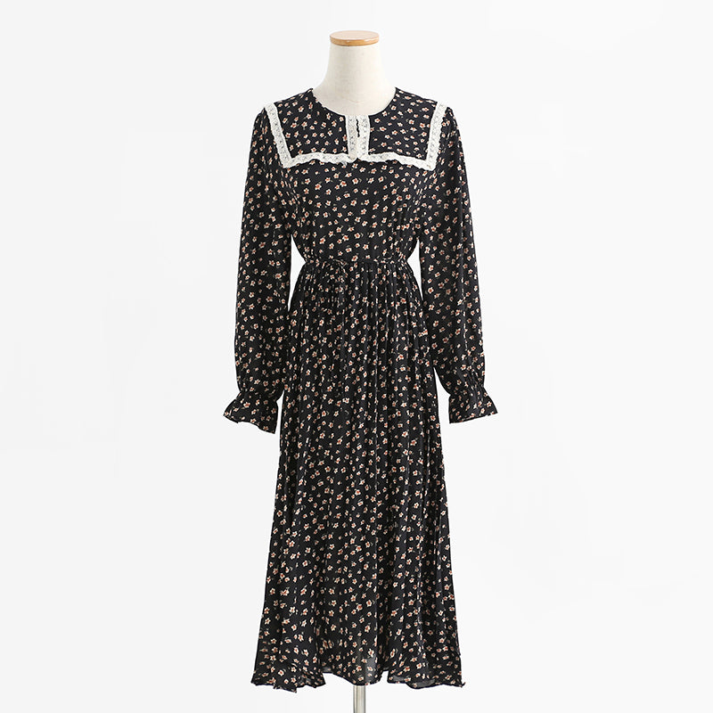 Dress gentle wind long sleeved chiffon skirt with slim waist and long Lapel skirt  2175