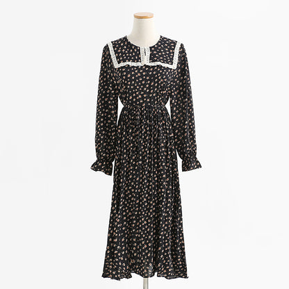 Dress gentle wind long sleeved chiffon skirt with slim waist and long Lapel skirt  2175