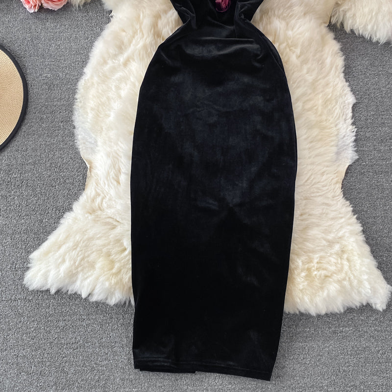 Neck off shoulder slim wrap hip suspender dress  2733
