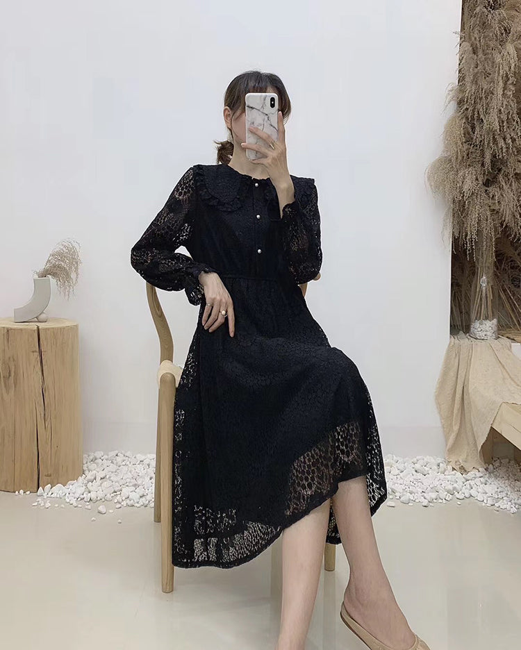New Lapel lace long sleeve high waist slim gentle long skirt  2390
