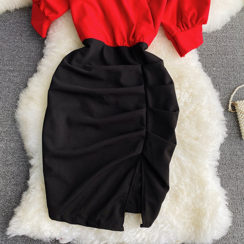Robe à taille plissée avec design fin et blocs de couleurs 3421