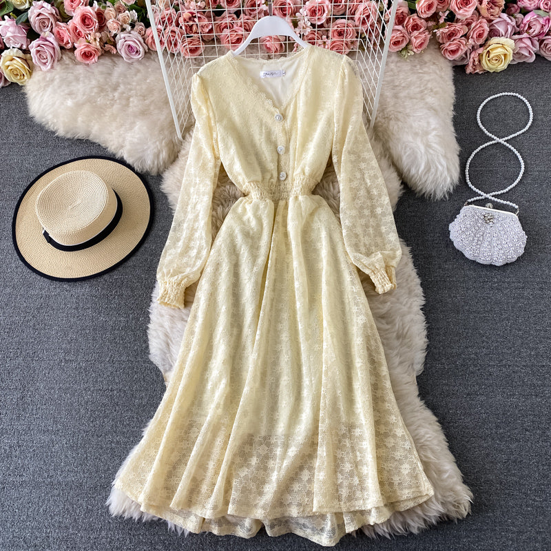 Women's dress with narrow waist and solid color bubble sleeve lace  3420