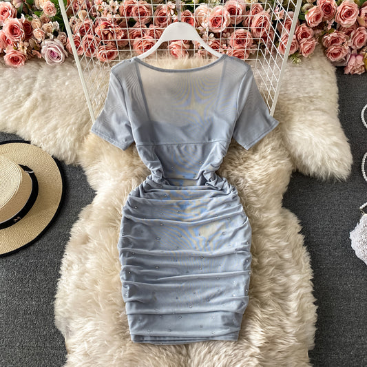 Sexy square neck slim slim fit mesh hot drill pleated Hip Wrap Dress  3172