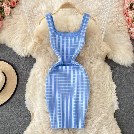 Suspender skirt shows thin ice silk knitted Plaid Hip Wrap Dress  2756