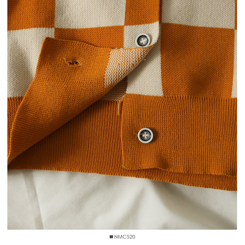 Pull ample à manches longues et col ras du cou à carreaux contrastés pour femme, nouveau pull cardigan à simple boutonnage 1967