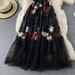 Robe col rond brodée de roses en maille vintage française 2942