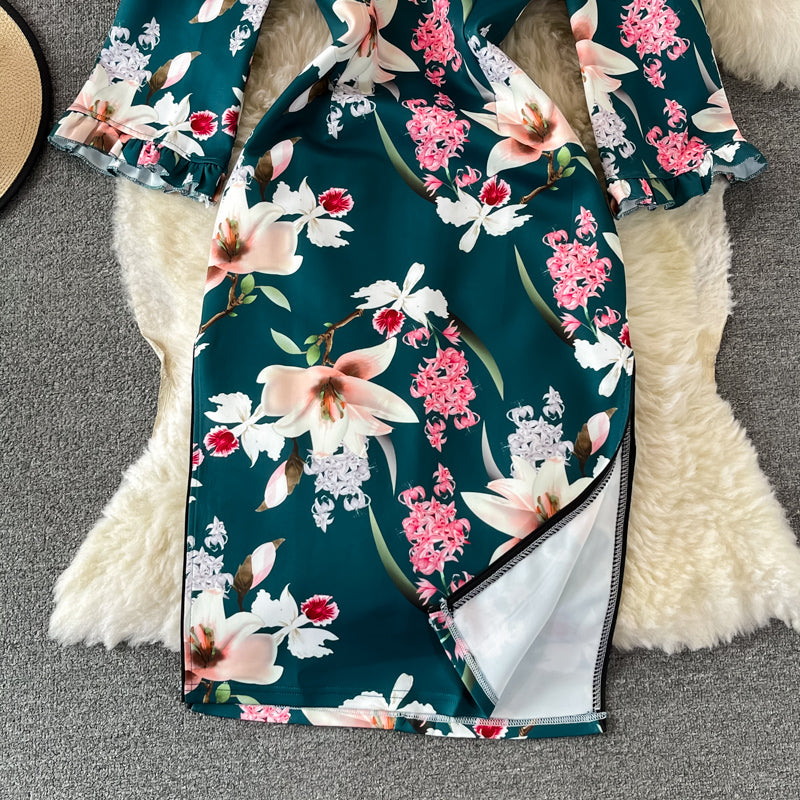 Robe à col montant en dentelle cheongsam fendue 3244