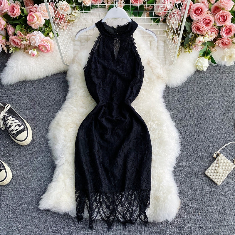 Robe cache-cœur en dentelle noire à épaules dénudées 3044