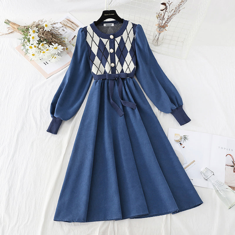 Corduroy stitched knitted dress with coat  2127