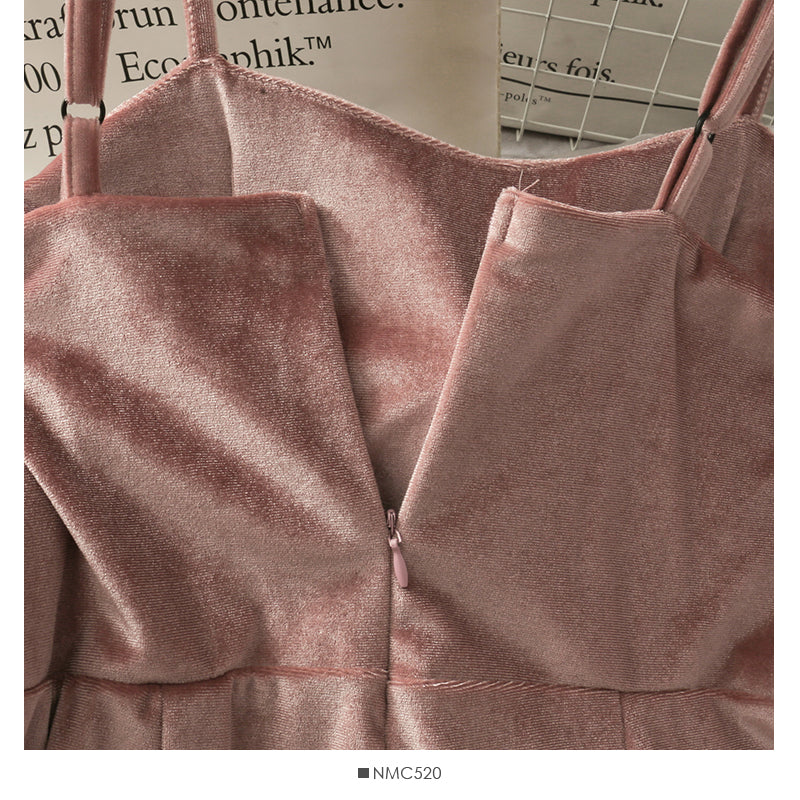 Jupe courte fendue taille haute en velours doré vintage avec bretelles réglables 2709