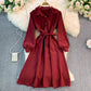 Robe en velours côtelé à manches longues et revers à manches bouffantes 3393