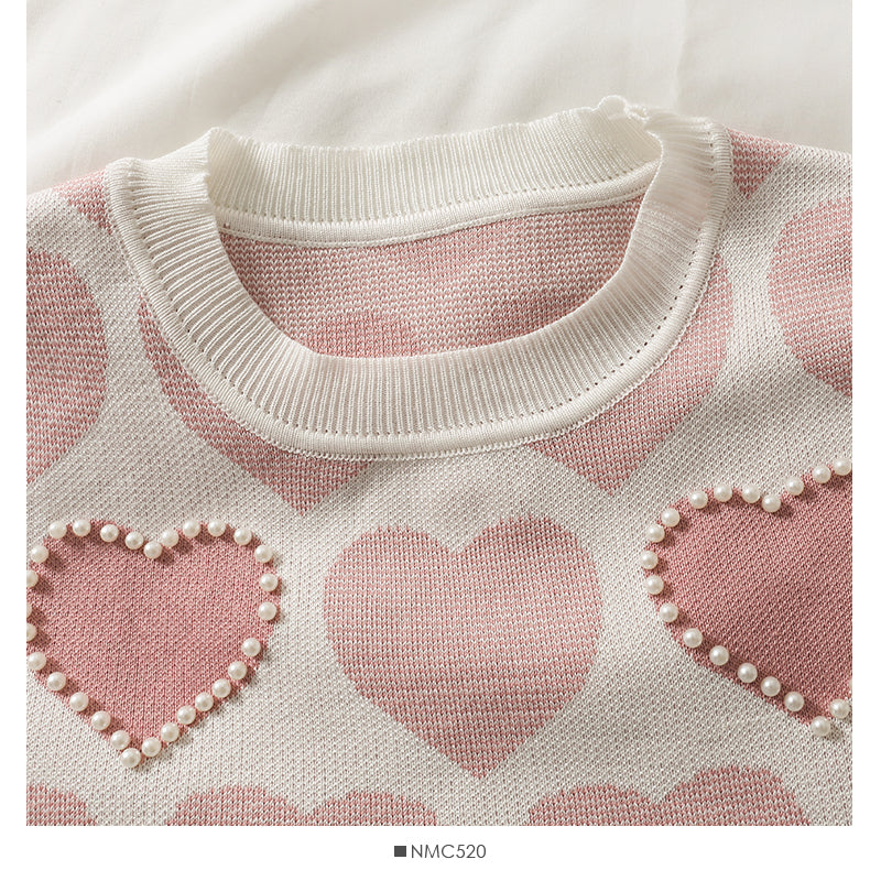 Pull imprimé coeur perle clou vent doux pour femme 1839