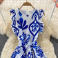 Robe à col ras du cou sans manches à volants en porcelaine bleue et blanche imprimée 2981 