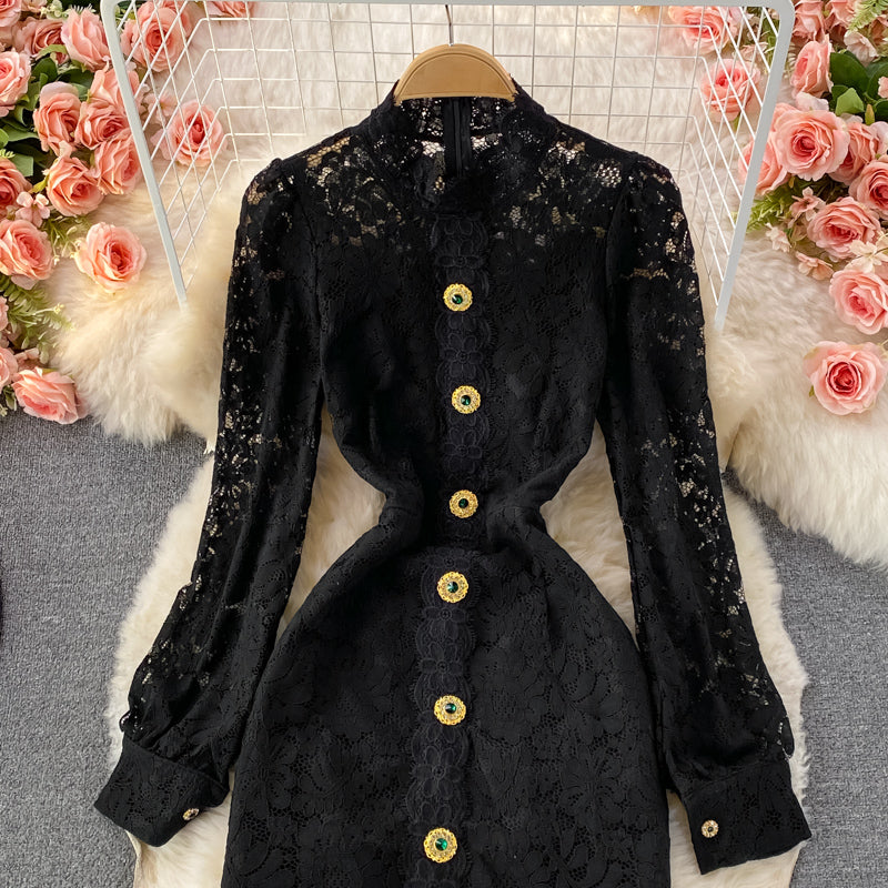 Robe portefeuille mi-longue en dentelle légère et luxueuse à col montant et manches longues 3236