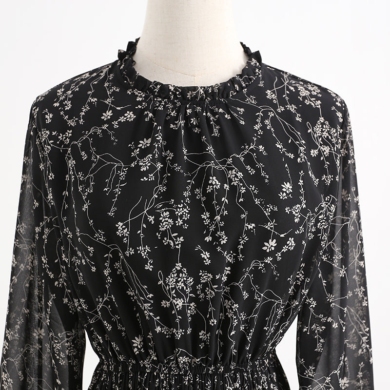 Chiffon pleated skirt, fungus floral dress, slim dress, lady dress  2432