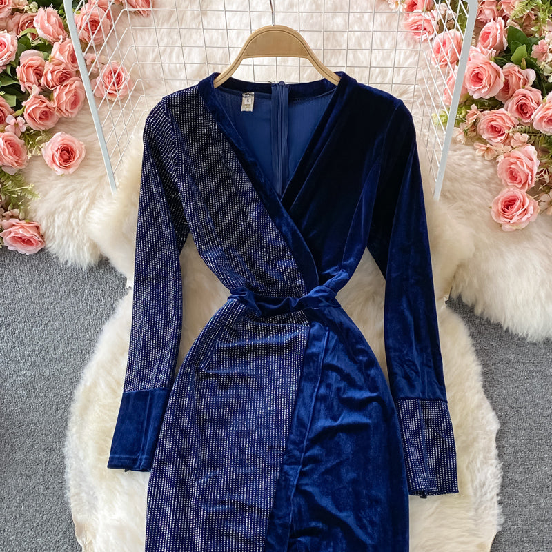 Robe portefeuille en velours à chaud, jupe longue, fermeture à la taille, coupe slim, 3235