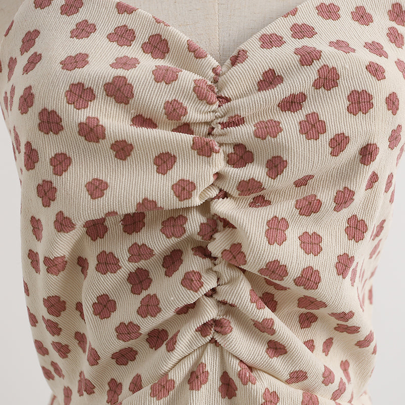 Corduroy dress floral suspender skirt foreign style two-piece temperament long skirt  2151