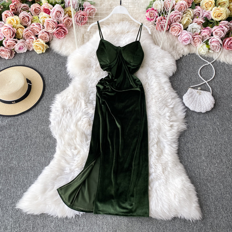 Robe en velours Hepburn vintage fendue Robe à bretelles sans bretelles 3142