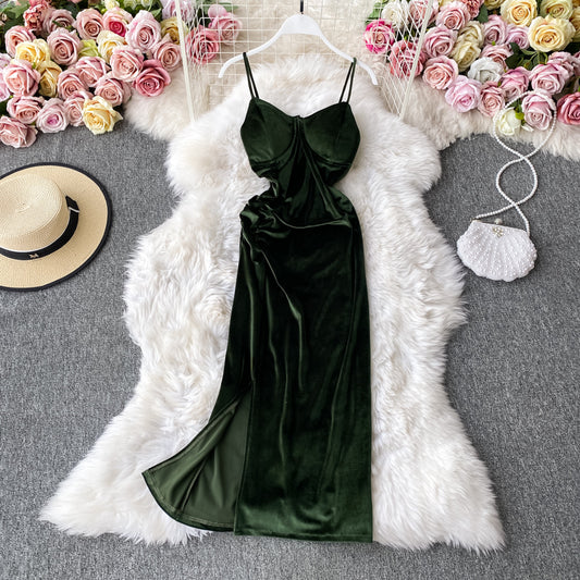 Robe en velours Hepburn vintage fendue Robe à bretelles sans bretelles 3142