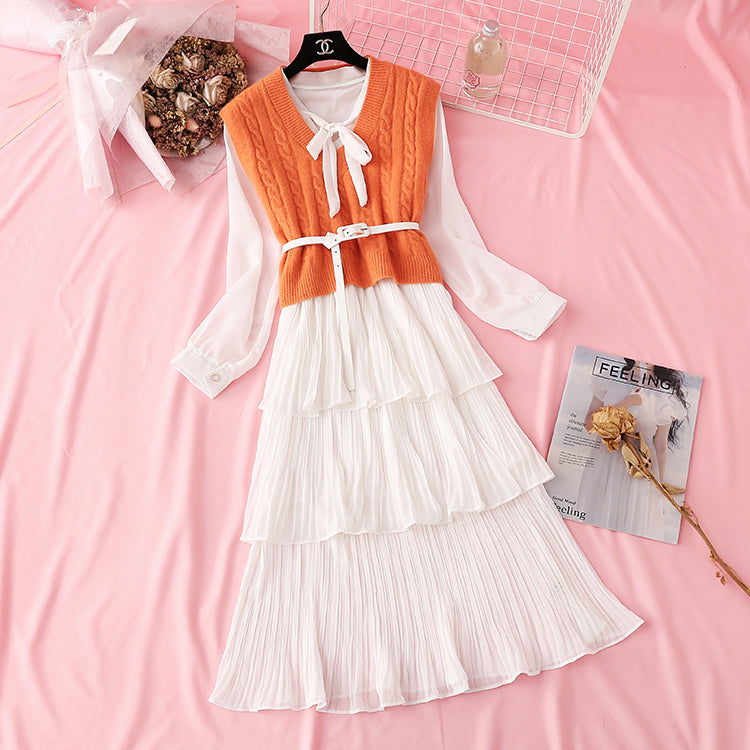 Net red sweater knitted vest chiffon cake skirt two piece suit  2292