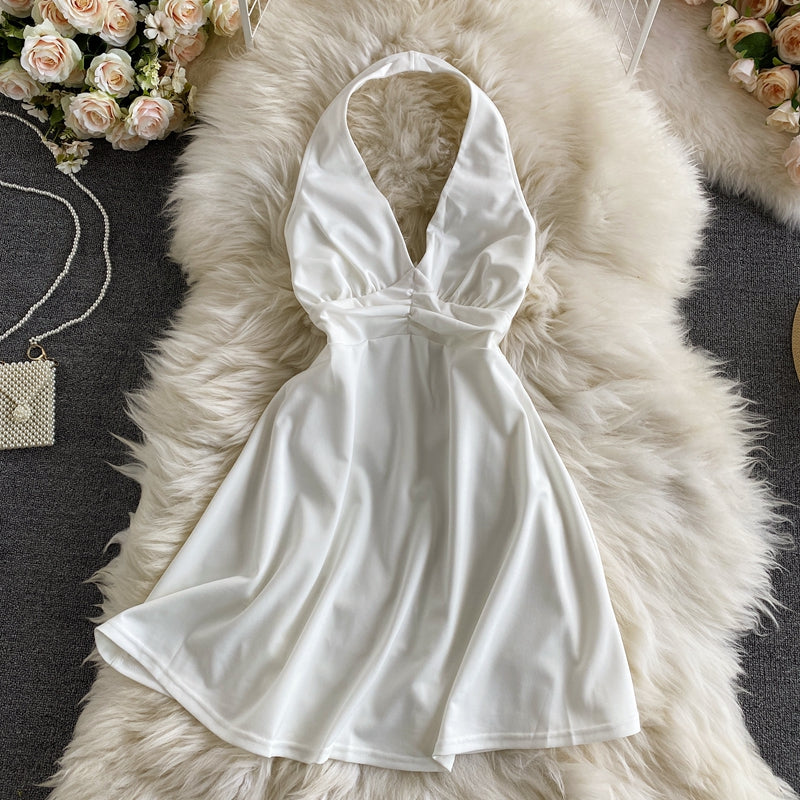 Sexy temperament cross backless neck V-neck dress  2735