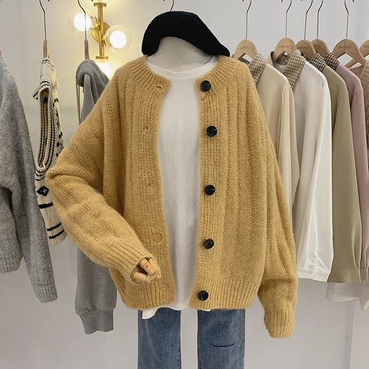 Style paresseux, cardigans à manches longues à col rond, pull veste courte ample 1421