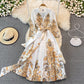 Robe à manches longues imprimée Court Vintage avec grande évasée 3382