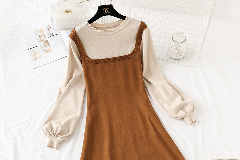 New French retro color matching college slim bottomed sweater long skirt  2424