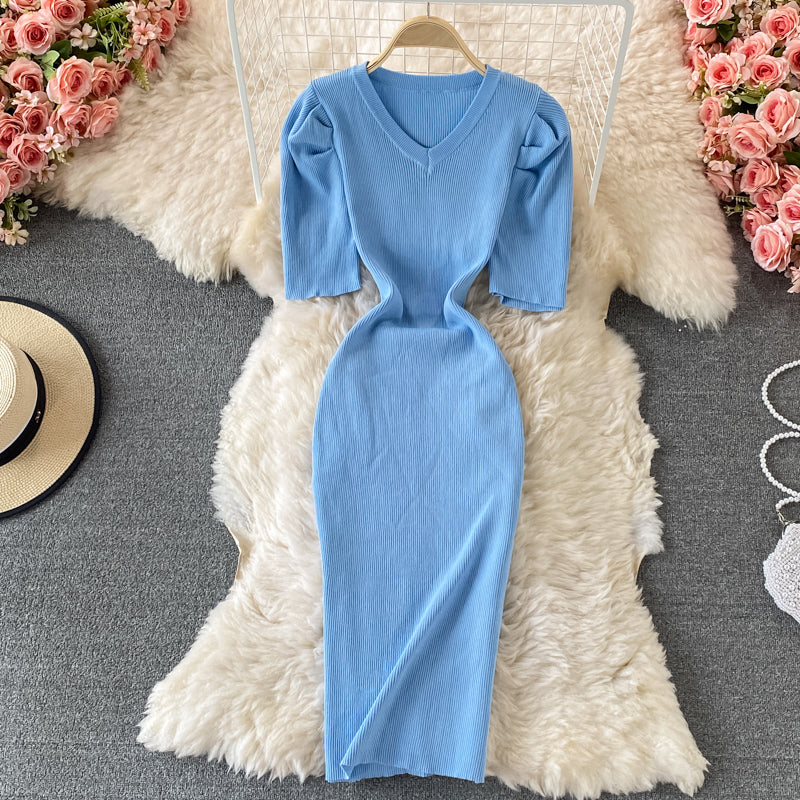 Robe portefeuille à manches bouffantes et col en V 2895
