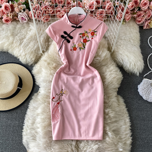 Cheongsam skirt retro stand collar buckle plum blossom embroidery  2754