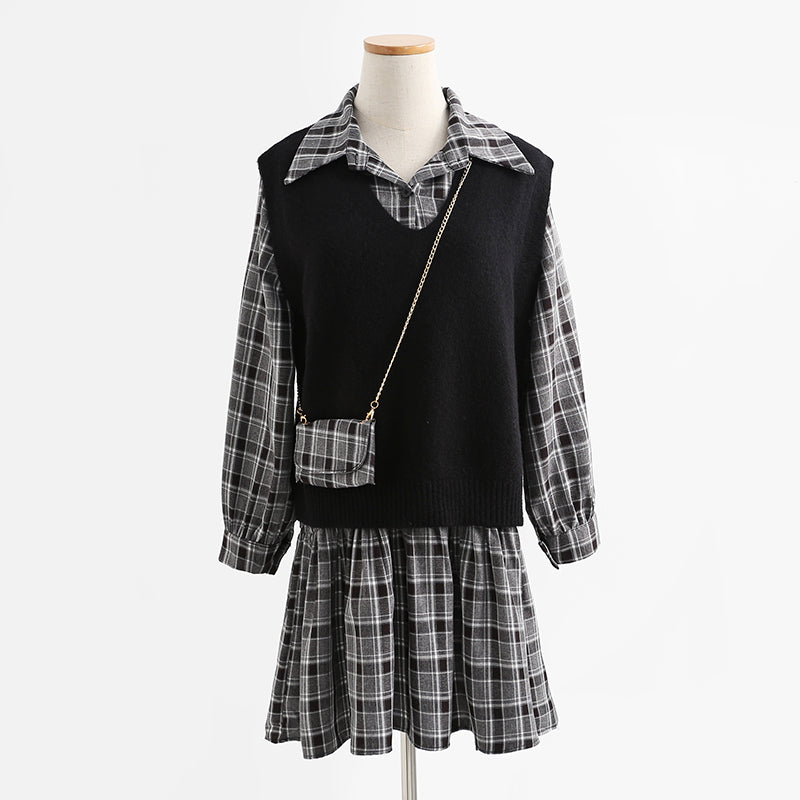 New vest LONG SLEEVE DRESS Plaid age reduction fashion two-piece suit skirt  2176