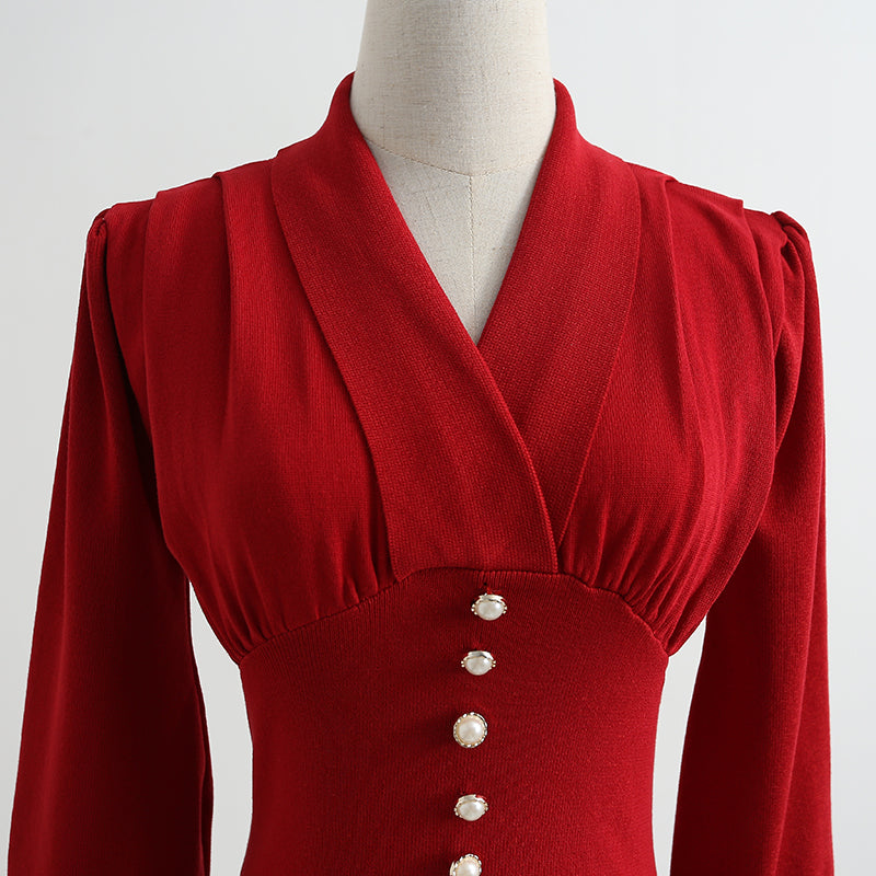 French retro noble and elegant temperament red knitted dress  2197