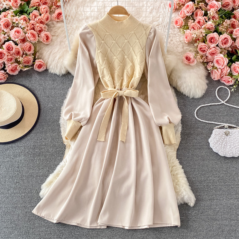 Fake two piece long sleeve knitted stitched corduroy A-line dress  3365