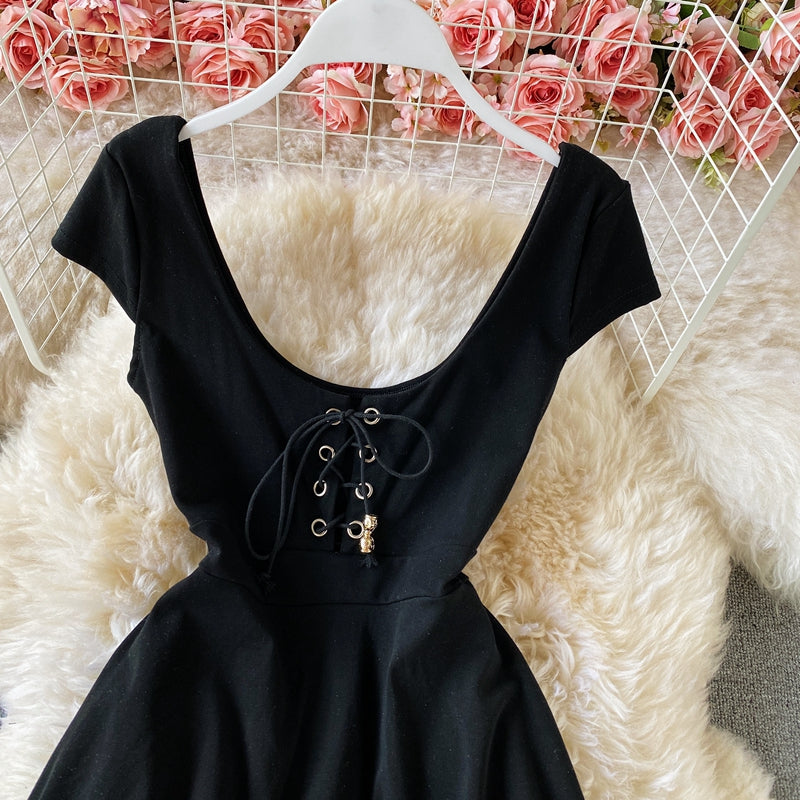 Robe rayée à col en V, jupe trapèze slim décolletée 3049