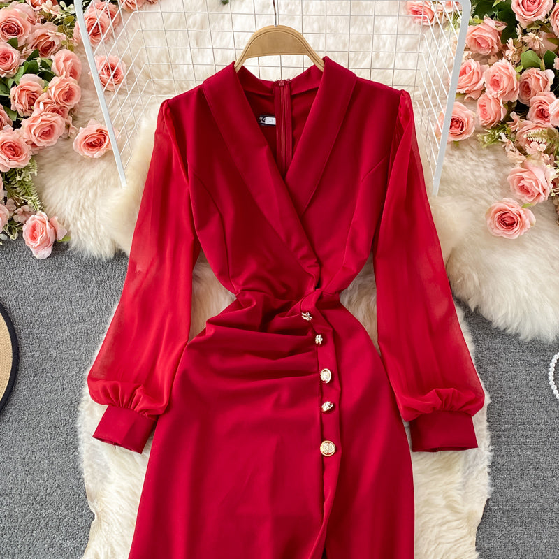 Suit collar waist slit dress elegant temperament Hip Wrap slit skirt  3233