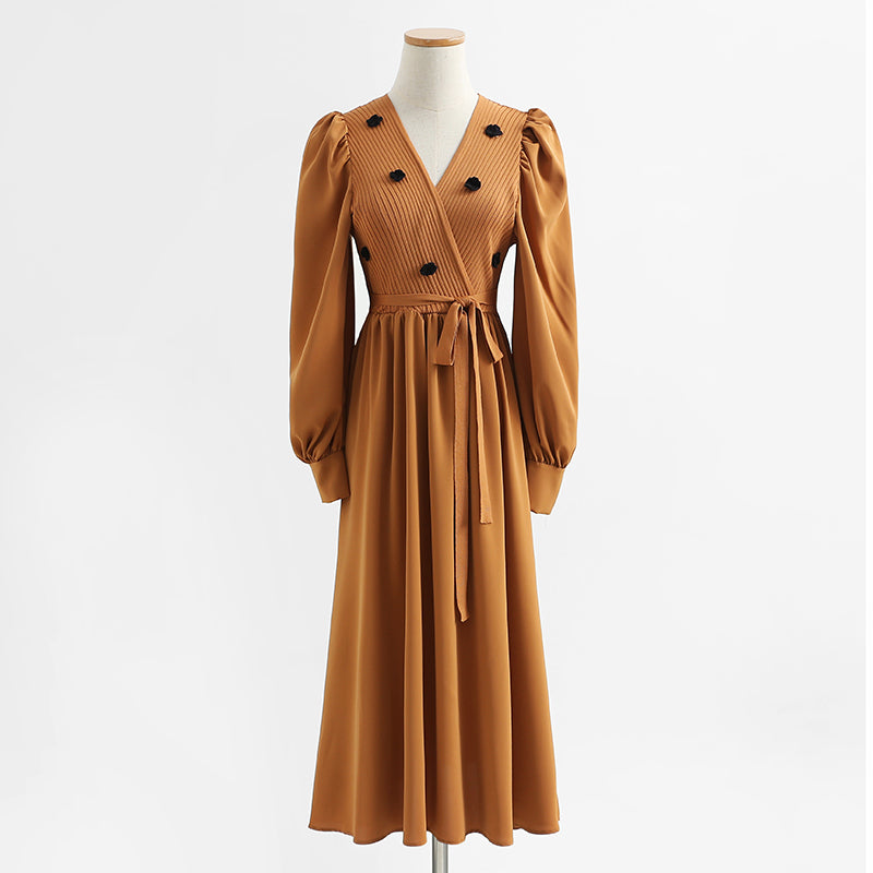 Gentle wind over the knee aging temperament thin embroidered wool dress  2231